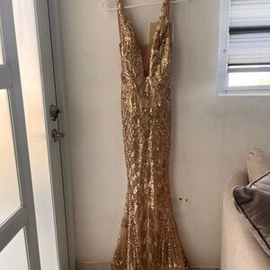 Gold Sequined Plunging V-Neck Evening Gown